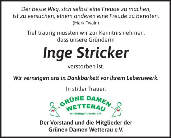 Traueranzeige von Inge Stricker von Wetterauer Zeitung