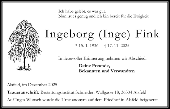 Traueranzeige von Ingeborg Fink von Oberhessische Zeitung