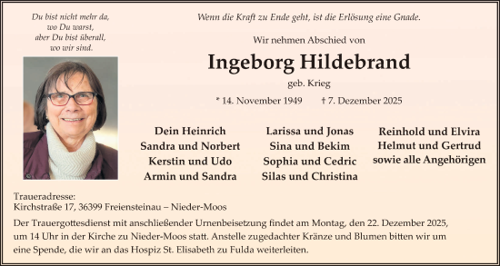 Traueranzeige von Ingeborg Hildebrand von Lauterbacher Anzeiger