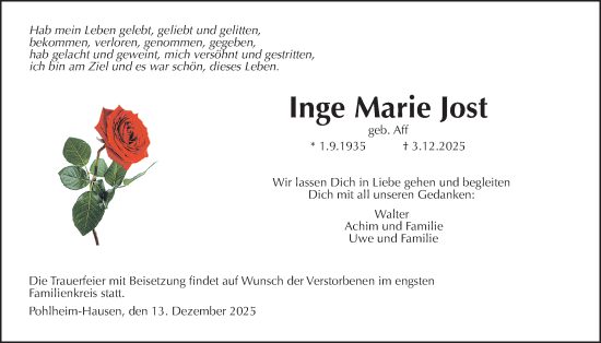 Traueranzeige von Inge Marie Jost von Giessener Allgemeine, Alsfelder Allgemeine