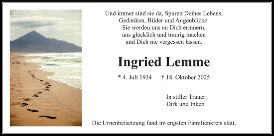 Traueranzeige von Ingried Lemme von Wetterauer Zeitung