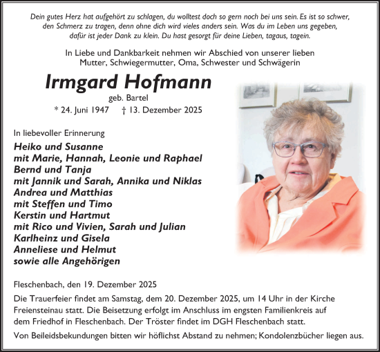 Traueranzeige von Irmgard Hofmann von Lauterbacher Anzeiger
