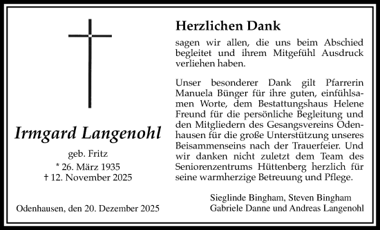 Traueranzeige von Irmgard Langenohl von Giessener Anzeiger, Giessener Allgemeine, Alsfelder Allgemeine