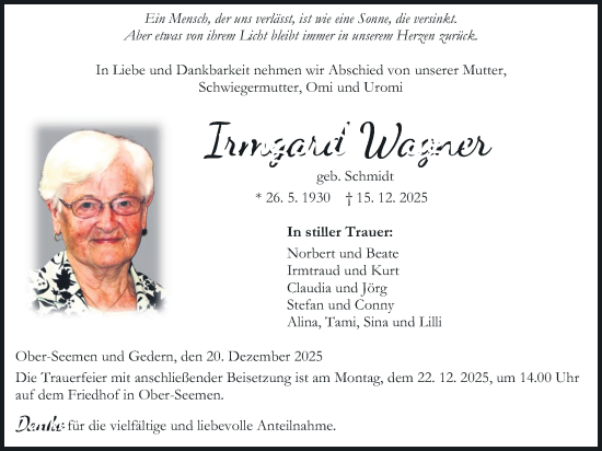 Traueranzeige von Irmgard Wagner von Kreis-Anzeiger