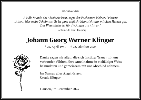 Traueranzeige von Johann Georg Werner Klinger von Butzbacher Zeitung