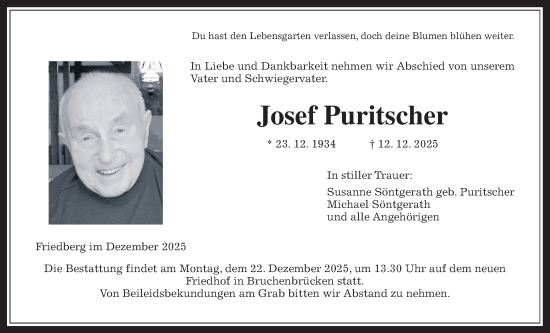 Traueranzeige von Josef Puritscher von Wetterauer Zeitung