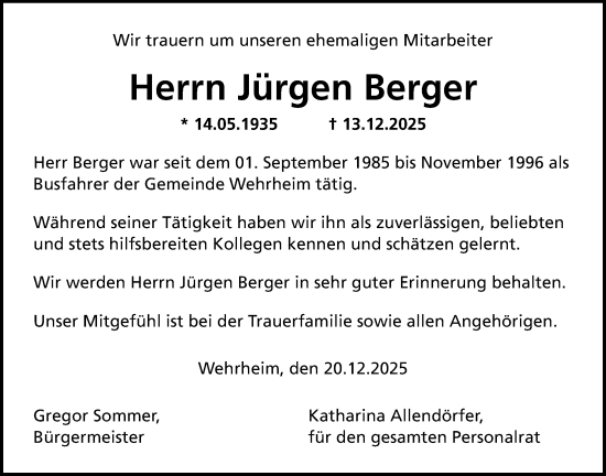 Traueranzeige von Jürgen Berger von Usinger Anzeiger