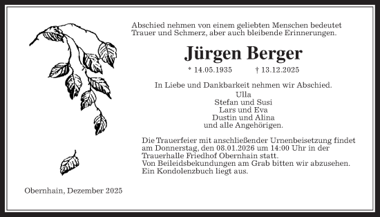 Traueranzeige von Jürgen Berger von Usinger Anzeiger, Usinger Anzeigenblatt