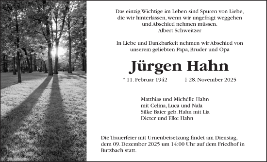 Traueranzeige von Jürgen Hahn von Butzbacher Zeitung