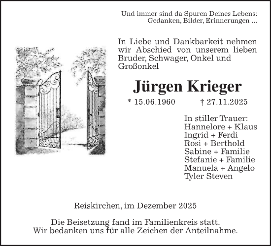 Traueranzeige von Jürgen Krieger von Wetterauer Zeitung, Giessener Allgemeine, Alsfelder Allgemeine
