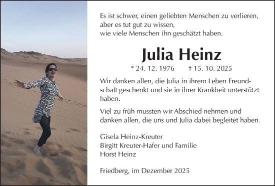 Traueranzeige von Julia Heinz von Wetterauer Zeitung