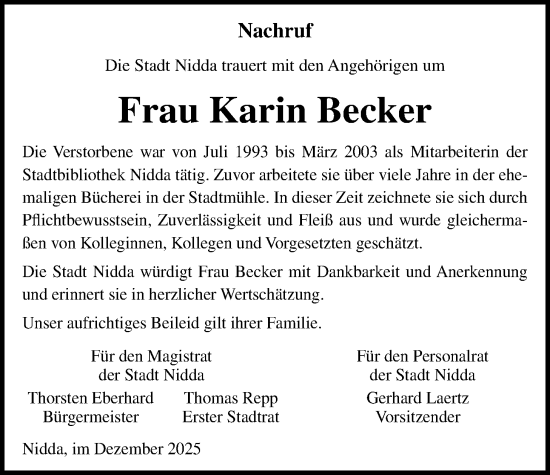 Traueranzeige von Karin Becker von Kreis-Anzeiger