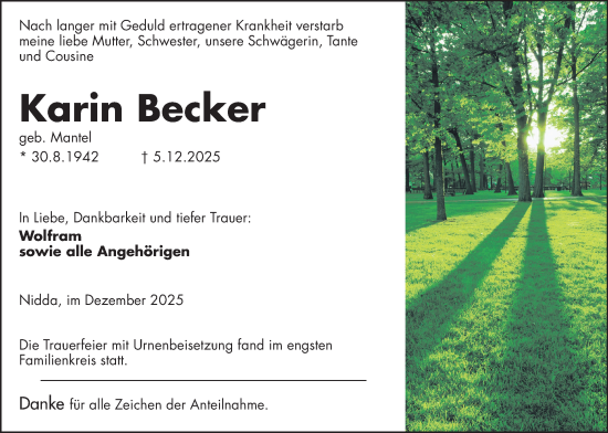 Traueranzeige von Karin Becker von Kreis-Anzeiger
