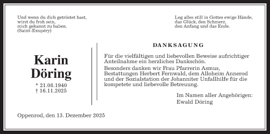 Traueranzeige von Karin Döring von Giessener Anzeiger, Giessener Allgemeine, Alsfelder Allgemeine