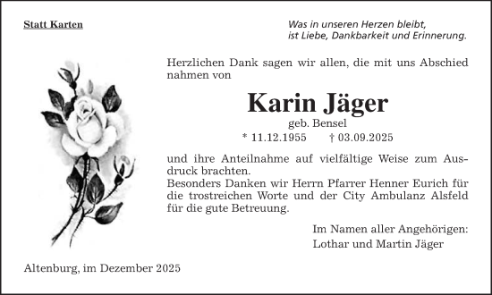 Traueranzeige von Karin Jäger von Oberhessische Zeitung