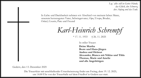 Traueranzeige von Karl-Heinrich Schrempf von Kreis-Anzeiger
