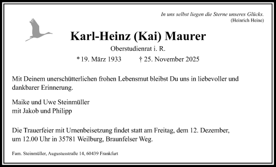 Traueranzeige von Karl-Heinz Maurer von Giessener Allgemeine, Alsfelder Allgemeine, Giessener Anzeiger