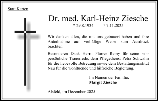 Traueranzeige von Karl-Heinz Ziesche von Oberhessische Zeitung