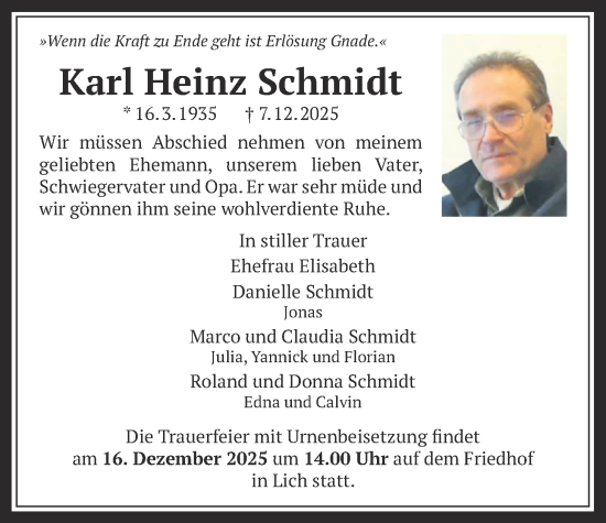 Traueranzeige von Karl Heinz Schmidt von Giessener Anzeiger, Giessener Allgemeine, Alsfelder Allgemeine