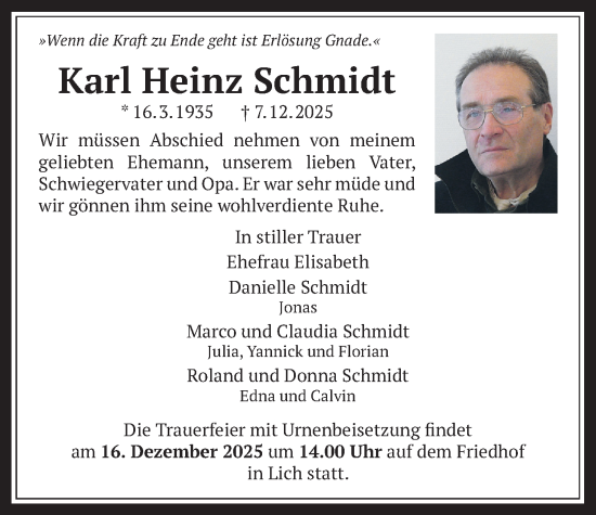Traueranzeige von Karl Heinz Schmidt von Licher Wochenblatt