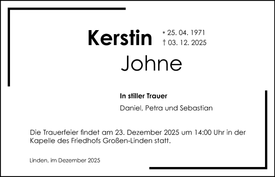 Traueranzeige von Kerstin Johne von Giessener Allgemeine, Alsfelder Allgemeine
