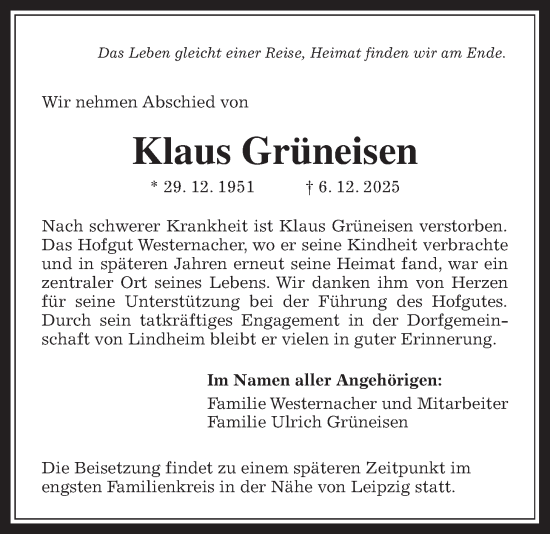 Traueranzeige von Klaus Grüneisen von Kreis-Anzeiger