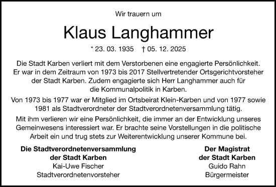 Traueranzeige von Klaus Langhammer von Wetterauer Zeitung