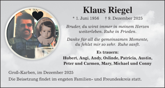 Traueranzeige von Klaus Riegel von Wetterauer Zeitung