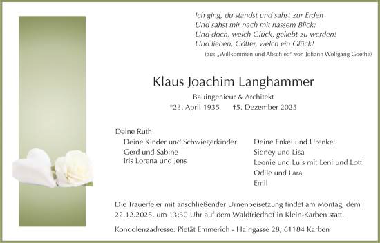 Traueranzeige von Klaus Joachim Langhammer von Wetterauer Zeitung