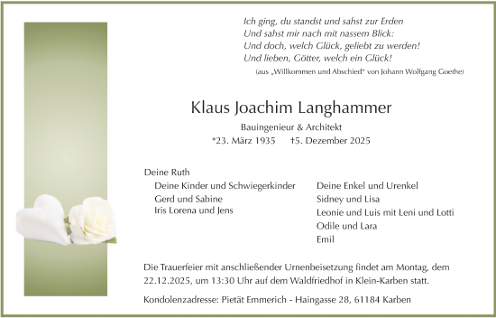Traueranzeige von Klaus Joachim Langhammer von Bad Vilbel/Karben