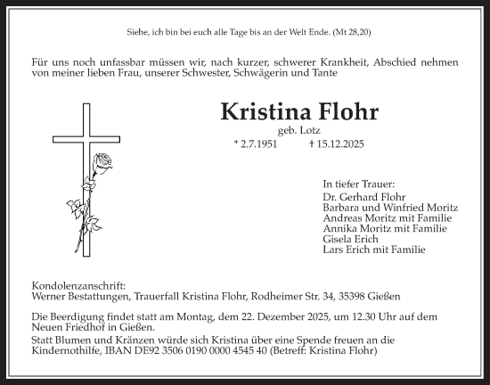 Traueranzeige von Kristina Flohr von Giessener Anzeiger, Giessener Allgemeine, Alsfelder Allgemeine