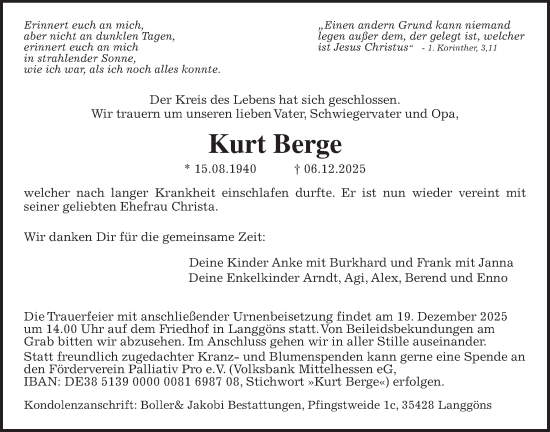 Traueranzeige von Kurt Berge von Giessener Allgemeine, Alsfelder Allgemeine