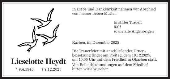 Traueranzeige von Lieselotte Heydt von Bad Vilbel/Karben