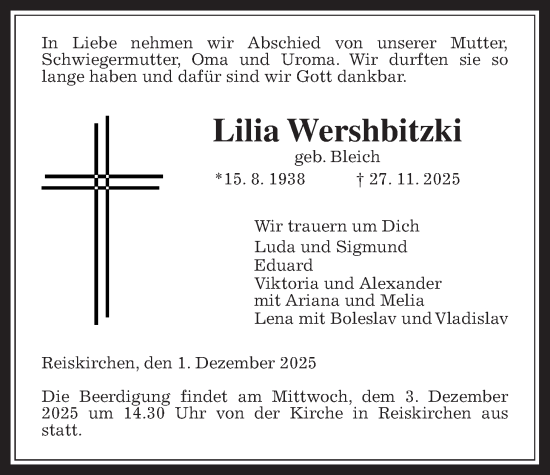Traueranzeige von Lilia Wershbitzki von Giessener Allgemeine, Alsfelder Allgemeine