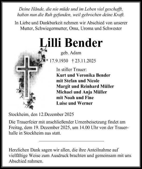 Traueranzeige von Lilli Bender von Kreis-Anzeiger