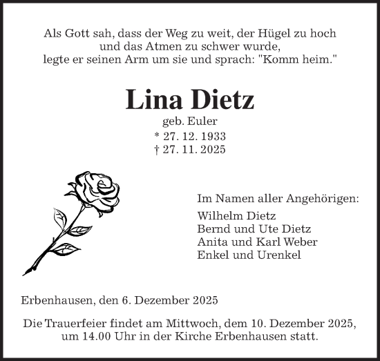Traueranzeige von Lina Dietz von Oberhessische Zeitung