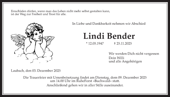 Traueranzeige von Lindi Bender von Laubacher Anzeiger
