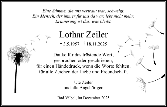 Traueranzeige von Lothar Zeiler von Bad Vilbel/Karben