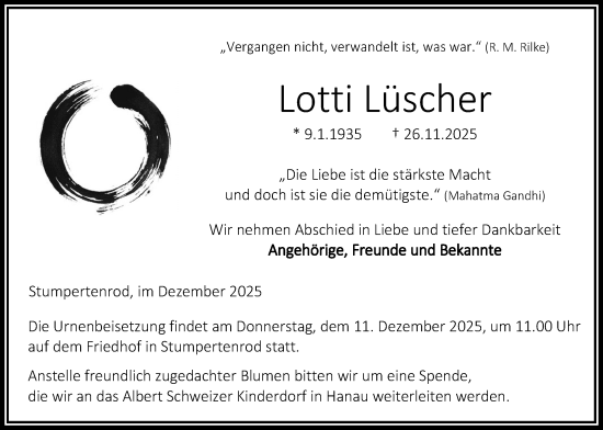 Traueranzeige von Lotti Lüscher von Oberhessische Zeitung