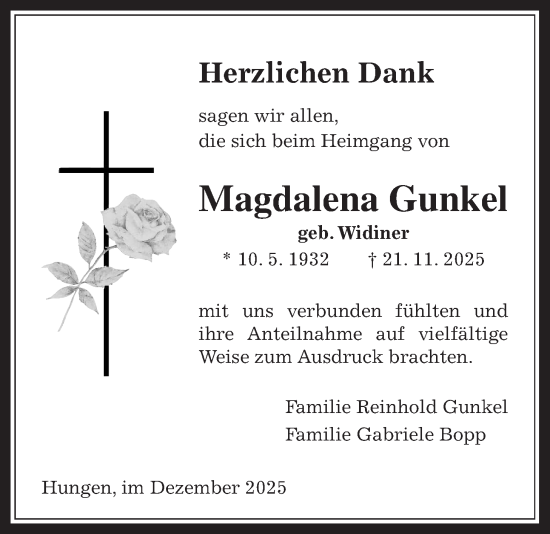 Traueranzeige von Magdalena Gunkel von Licher Wochenblatt, Licher Wochenblatt