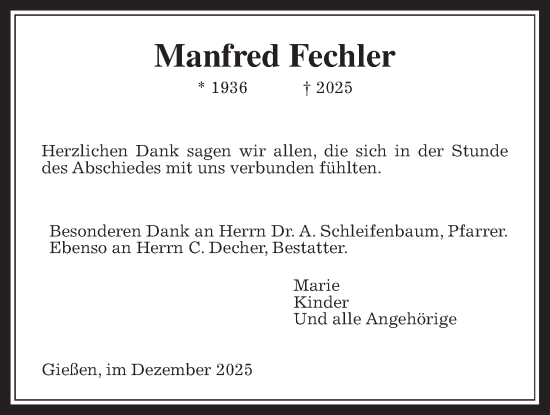 Traueranzeige von Manfred Fechler von Giessener Allgemeine, Alsfelder Allgemeine, Giessener Anzeiger