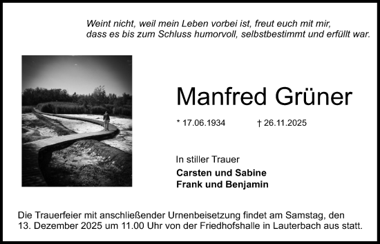 Traueranzeige von Manfred Grüner von Lauterbacher Anzeiger