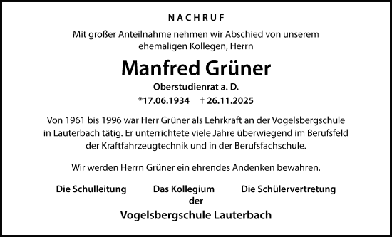Traueranzeige von Manfred Grüner von Lauterbacher Anzeiger