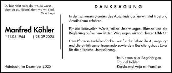 Traueranzeige von Manfred Köhler von Oberhessische Zeitung, Alsfelder Allgemeine