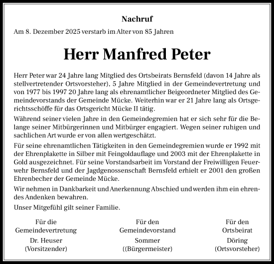 Traueranzeige von Manfred Peter von Mücker Stimme, Mücker Stimme