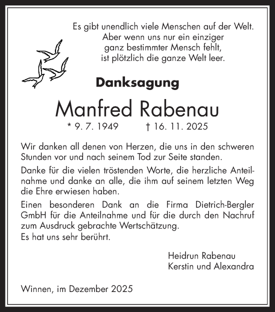 Traueranzeige von Manfred Rabenau von Giessener Allgemeine, Alsfelder Allgemeine