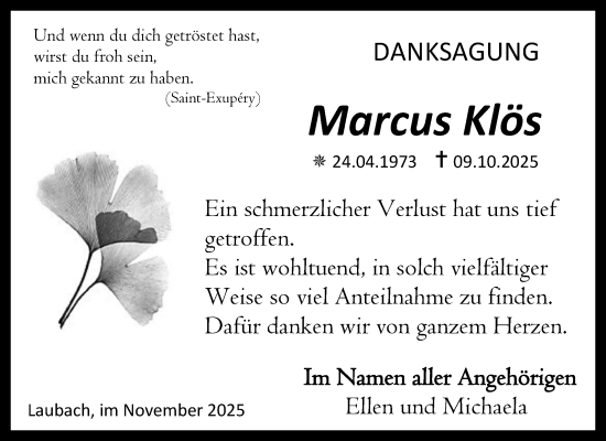 Traueranzeige von Marcus Klös von Giessener Allgemeine, Alsfelder Allgemeine, Giessener Anzeiger, Laubacher Anzeiger