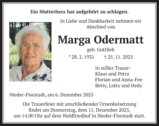 Traueranzeige von Marga Odermatt von Wetterauer Zeitung