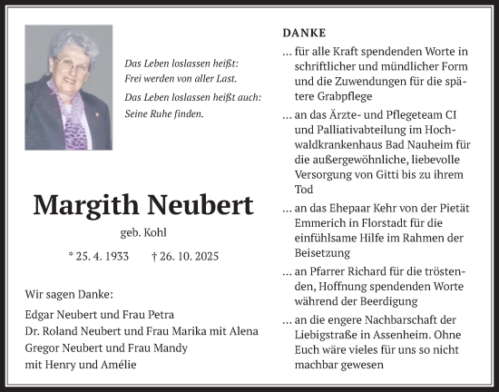 Traueranzeige von Margith Neubert von Wetterauer Zeitung