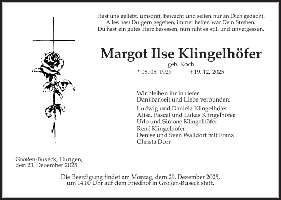 Traueranzeige von Margot Ilse Klingelhöfer von Alsfelder Allgemeine, Giessener Allgemeine